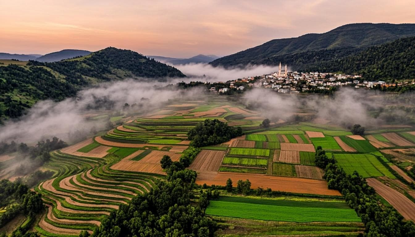 Paysage agricole à l'aube